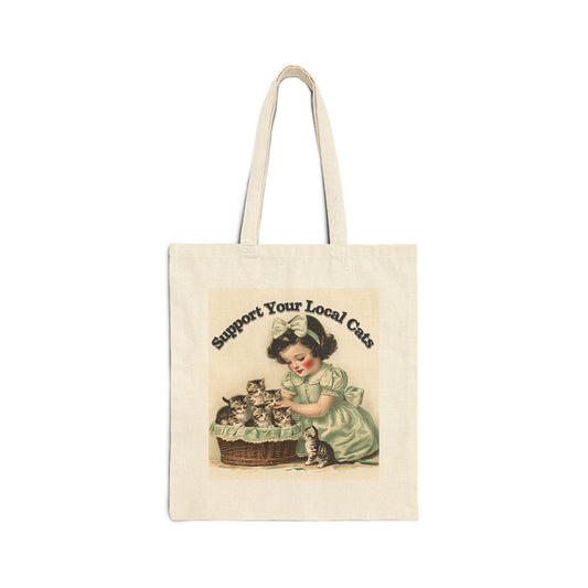 Vintage Cat Lovers Cotton Canvas Tote Bag, Eco-Friendly Shopping Bag, Gift for Cat Owners, Grocery Tote, Animal Lover's Bag